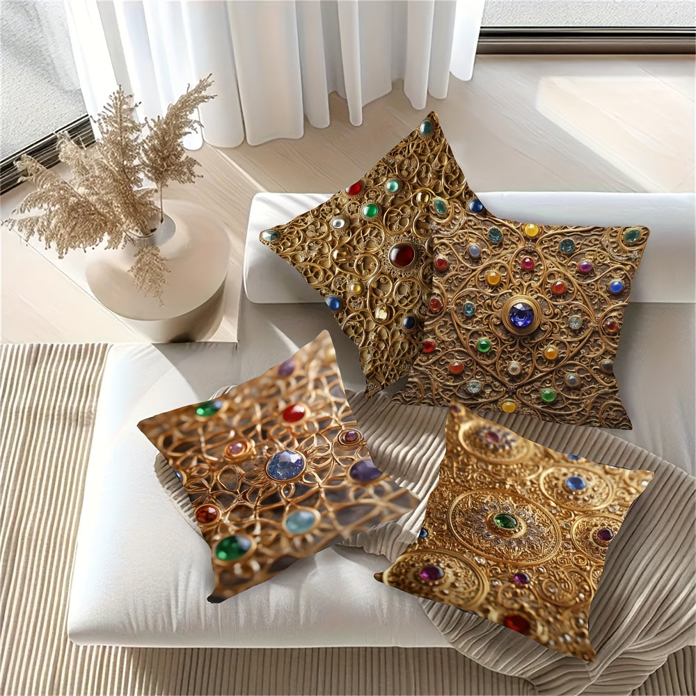4pcs Persian Gemstone Filigree Polyester Pillow Covers - High-Quality 2D Double-Sided Print, No Tassels or Embroidery, Hidden Zipper, Soft & Durable for Living Room, Couch, or Bedroom Decor, Couch Decor | Elegant Pillow Covers | Smooth Texture