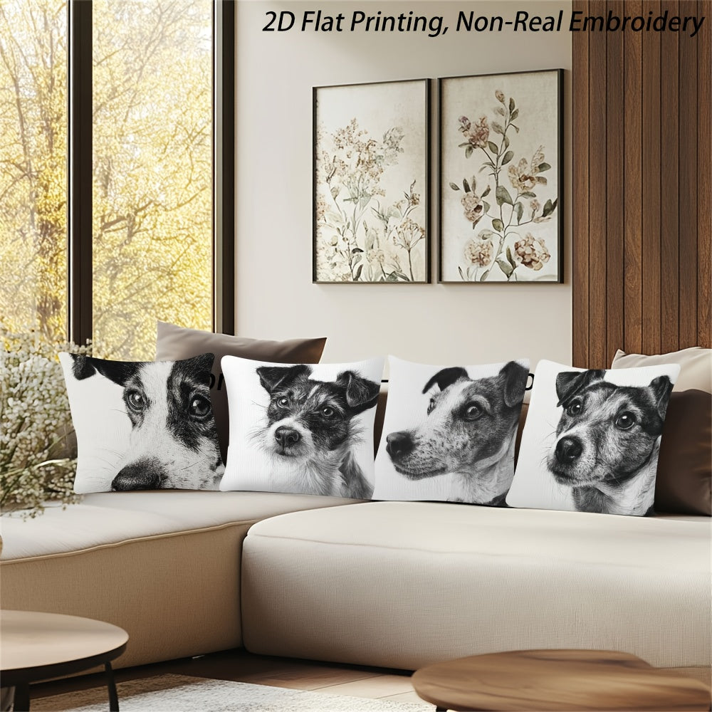 4pcs Black and White Jack Russell Terrier Dog Sketch Throw Pillow Covers - 2D Flat Printed Realistic Puppy & Adult Dog Face Cushion Covers, Double-Sided Luxury Sofa Bed Living Room Bedroom Office Car Decor, Zipper Closure & Machine Washable (No Inserts),