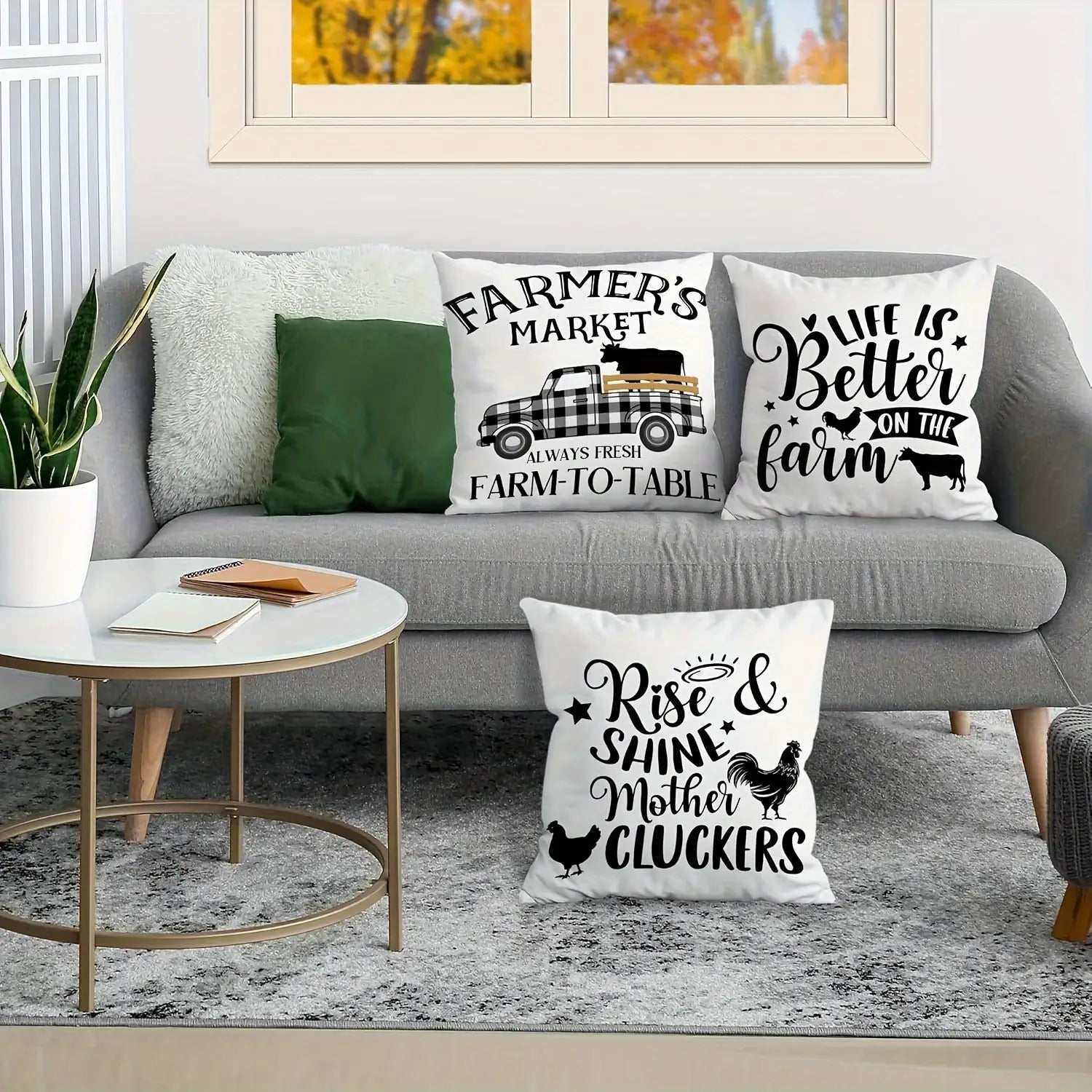Four Black And White Farmhouse Style Pillowcase Set, Soft Pillowcases, Double-Sided Print, Size 18Inchx18Inch Inch, Suitable for Home Decoration, Living Room, Sofa, Car And Bedroom, Outdoor Courtyard Alan Artificial Gemstone.