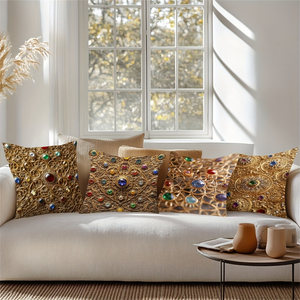 4pcs Persian Gemstone Filigree Polyester Pillow Covers - High-Quality 2D Double-Sided Print, No Tassels or Embroidery, Hidden Zipper, Soft & Durable for Living Room, Couch, or Bedroom Decor, Couch Decor | Elegant Pillow Covers | Smooth Texture