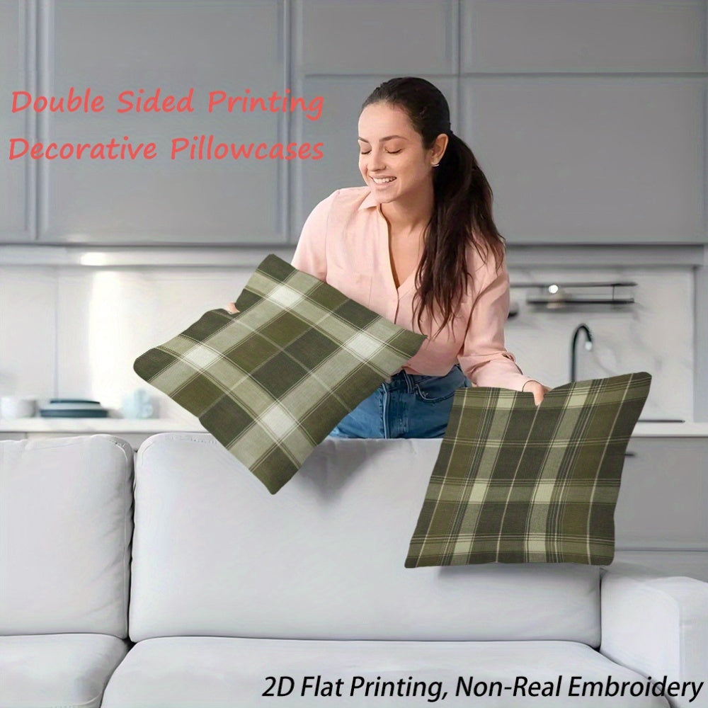 4pcs Green Plaid Pillowcases Double-Sided Two-Dimensional Solid Color Print Hidden Zipper Soft Comfortable Game Room Graduation Season and Summer Home Decoration No Insert Machine Washable Retro Style Modern Embroidery Effect Durable Fabric Easy to C