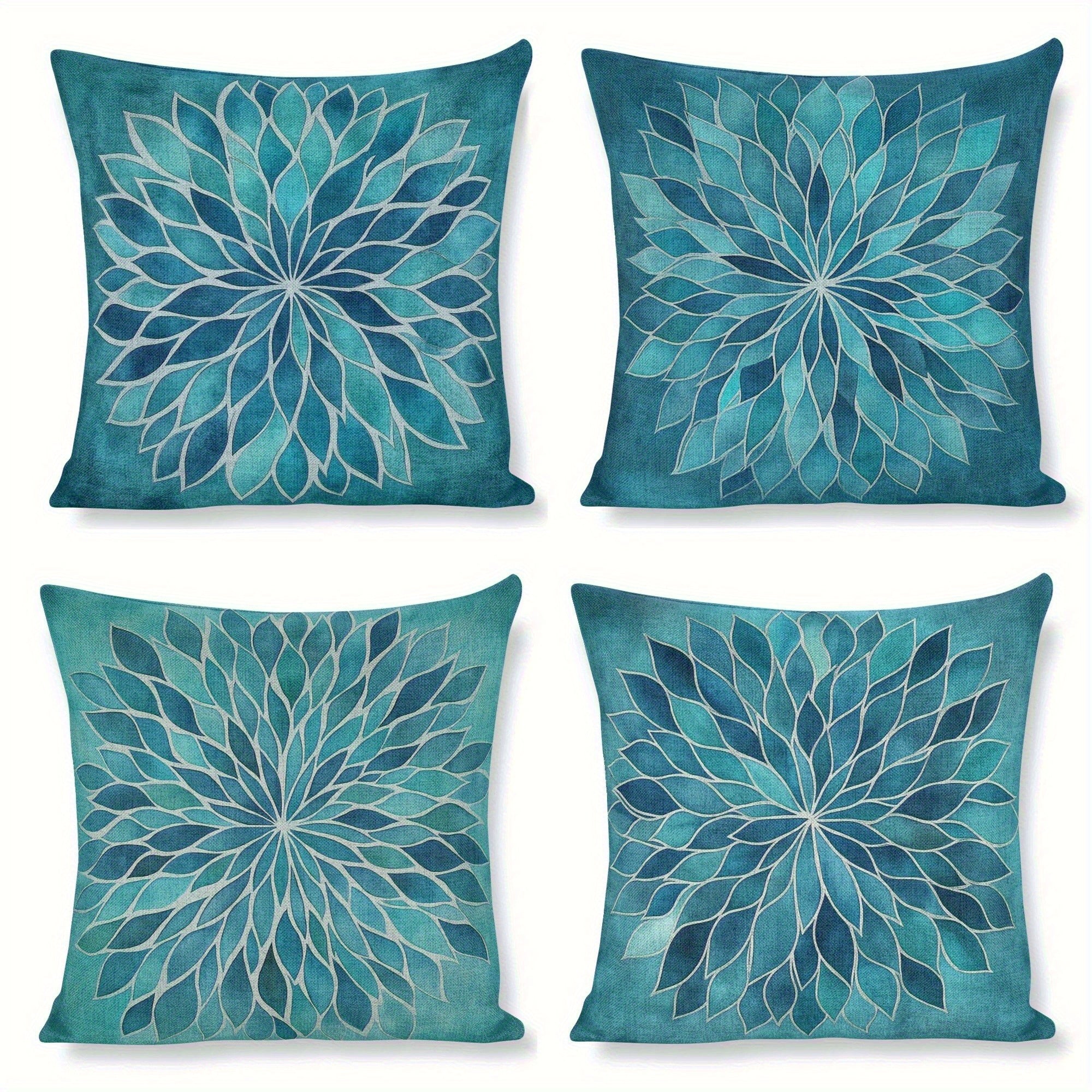 Single-sided 4pcs Set Blue-Green Watercolor Leaf Pattern Cushion, Single-Sided Print Polyester Square Pillow Suitable for Home Sofa Decor Kitchen and Dining Room Textile Fabric No Power Required Polyester 14x14 16x16 18x20 inch