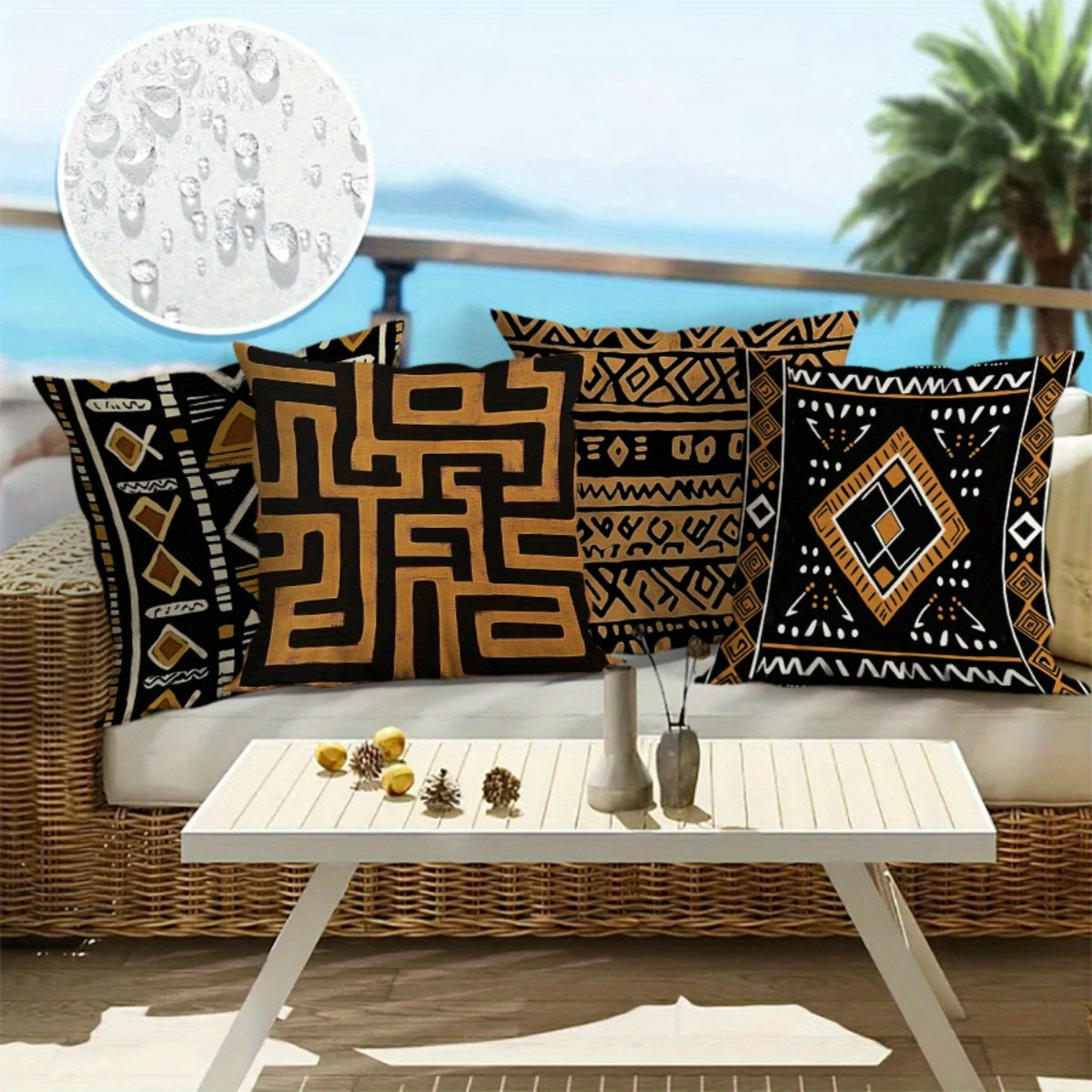 4pcs African Tribal Print Decorative Pillow Covers - Double-Sided Polyester with Zipper Closure, Machine Washable Indoor/Outdoor Sofa Bed Couch Pillowcases, Black & Golden Geometric Patterns (No Insert), Couch Pillow Covers