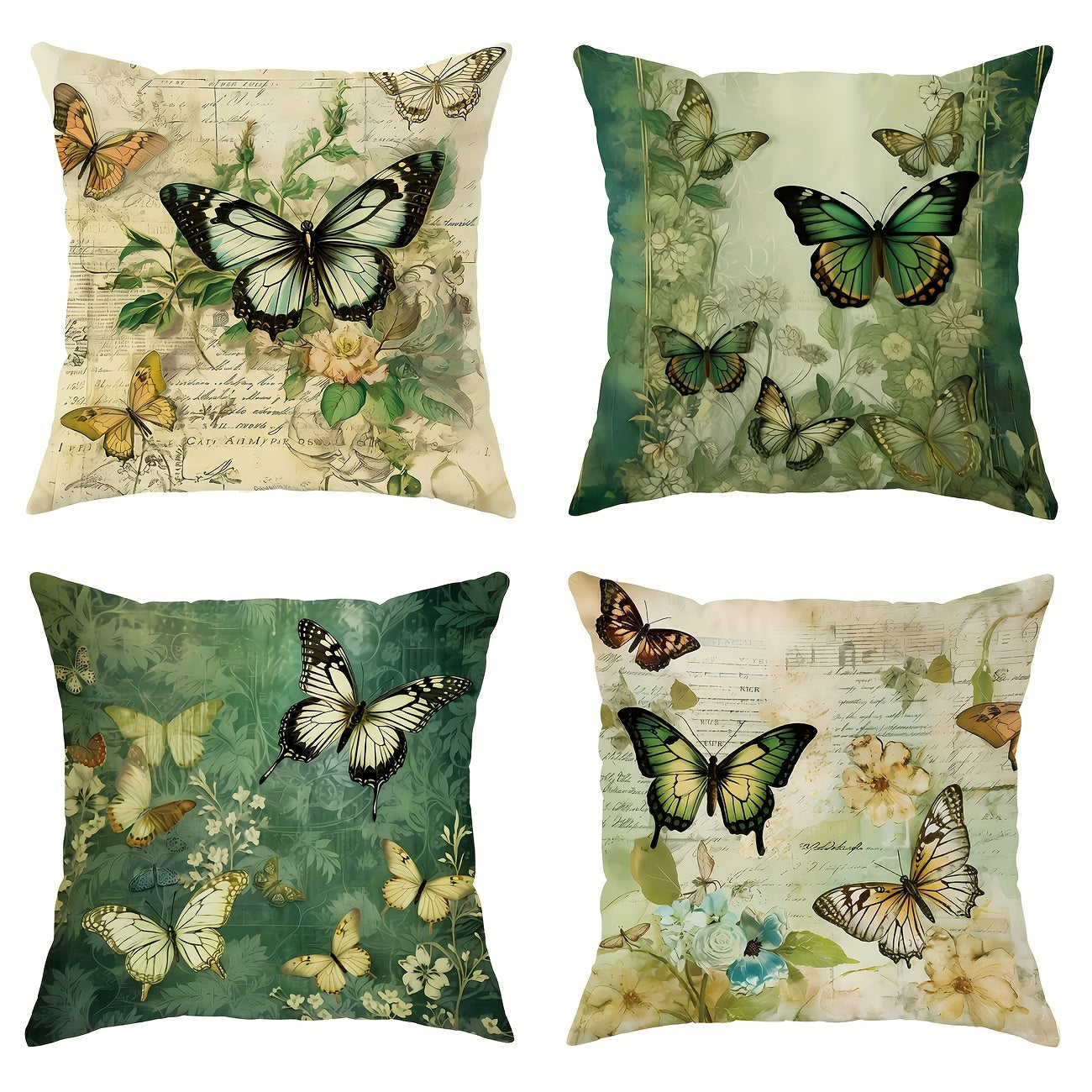 4pcs Vintage Industrial Butterfly & Floral Pillow Covers - Double-Sided Printed Decorative Cushion Covers with Zipper Closure, Machine Washable for Bedroom Sofa Car Office, Spring Summer Holiday Home Decor Gift, Decorative Pillow Covers, Seasonal