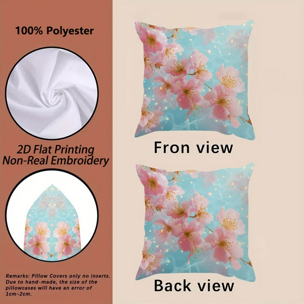 4pcs Peach Blossom Floral Throw Pillow Covers - Contemporary Art Style, Non-Real Embroidery, Machine Washable, Zippered, Double-Sided Print for Living Room, Bed, Office, Car, Sofa Decor - No Inserts, Polyester 100., Bedroom Decor | Contemporary Style |