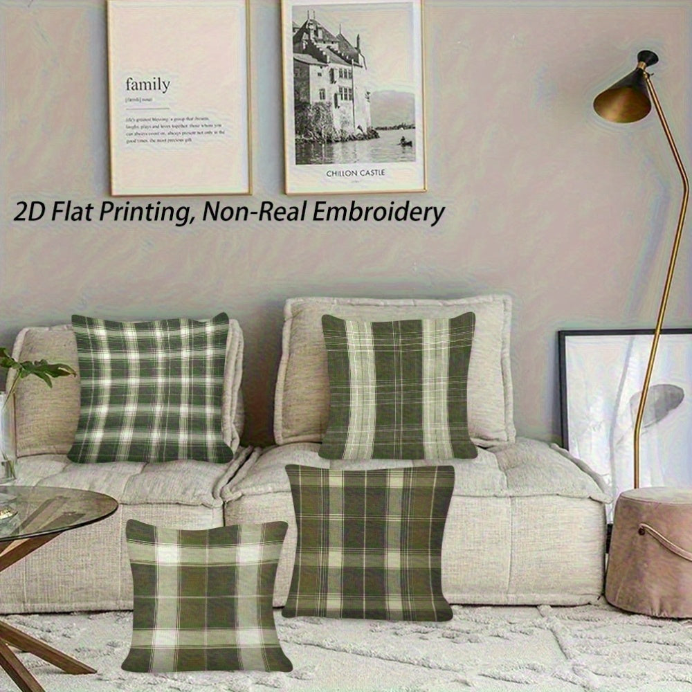 4pcs Green Plaid Pillowcases Double-Sided Two-Dimensional Solid Color Print Hidden Zipper Soft Comfortable Game Room Graduation Season and Summer Home Decoration No Insert Machine Washable Retro Style Modern Embroidery Effect Durable Fabric Easy to C