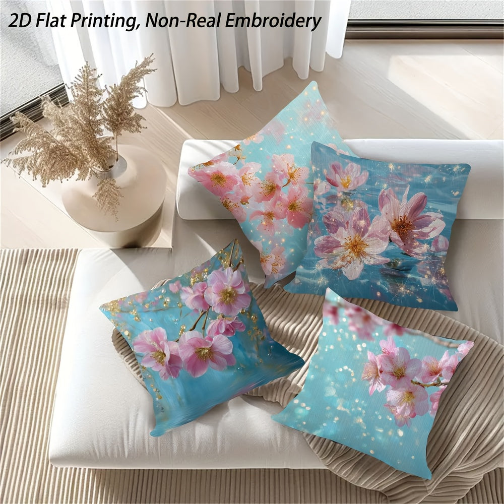4pcs Peach Blossom Floral Throw Pillow Covers - Contemporary Art Style, Non-Real Embroidery, Machine Washable, Zippered, Double-Sided Print for Living Room, Bed, Office, Car, Sofa Decor - No Inserts, Polyester 100., Bedroom Decor | Contemporary Style |