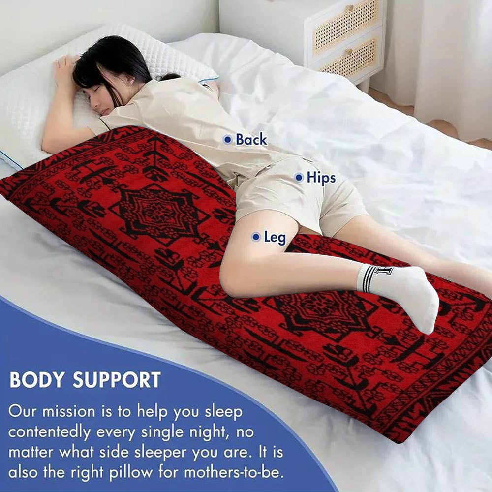 Double-Sided Printed Pillowcase, Size 50.8X137.16cm, Made of Short Plush with Red Long Body Design Featuring Afghan Silk Pattern, Suitable for Sofa, Bedroom or Outdoor Cushion, No Pillow Insert Needed DIJIULU2623