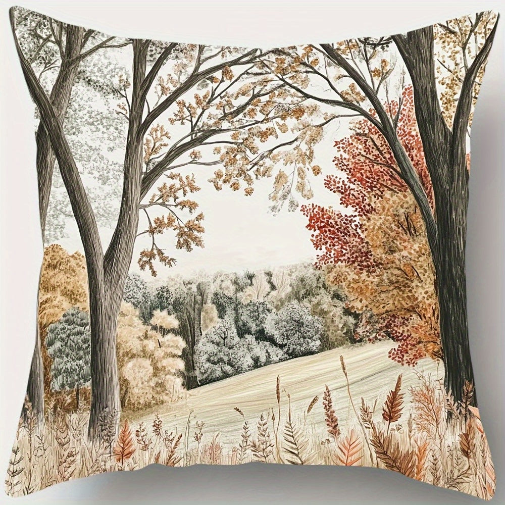4pcs Autumn Jungle Landscape Printed Pillow Covers - Double-Sided Polyester Zipper Covers with Vibrant Fall Foliage Design, Machine Washable for Living Room, Bedroom, Sofa Decor (Pillows Not Included), Decorative Pillows, Bedroom Accessories,