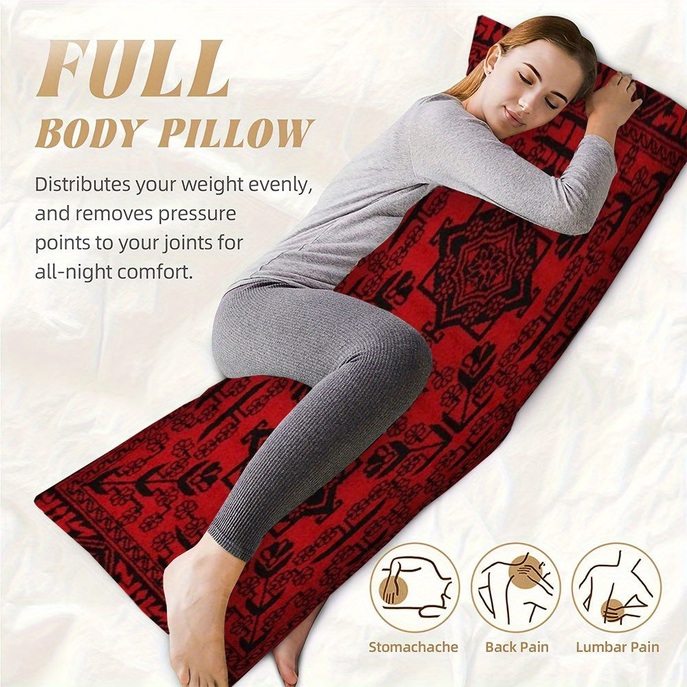 Double-Sided Printed Pillowcase, Size 50.8X137.16cm, Made of Short Plush with Red Long Body Design Featuring Afghan Silk Pattern, Suitable for Sofa, Bedroom or Outdoor Cushion, No Pillow Insert Needed DIJIULU2623