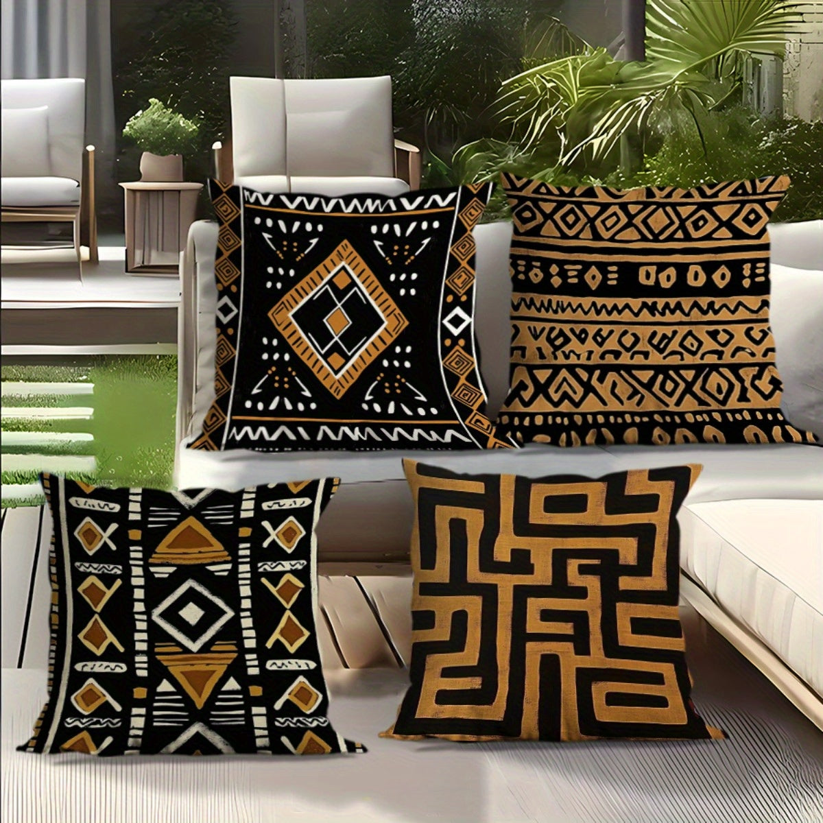 4pcs African Tribal Print Decorative Pillow Covers - Double-Sided Polyester with Zipper Closure, Machine Washable Indoor/Outdoor Sofa Bed Couch Pillowcases, Black & Golden Geometric Patterns (No Insert), Couch Pillow Covers