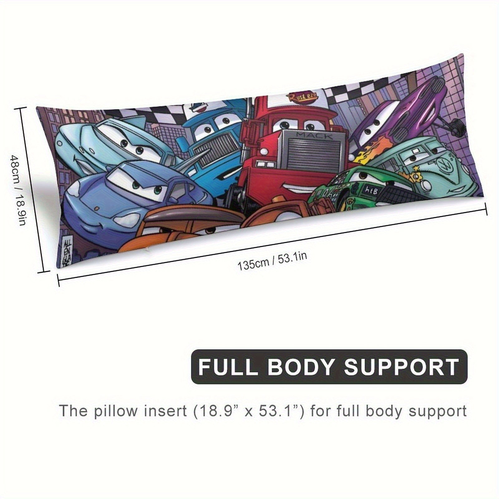 Disney Cars Lightning McQueen Plush Body Pillow Cover - Double-Sided Printed 50, 8x137, 6.3inch Soft Microfiber Bed Pillowcase with Zipper Closure, Machine Washable for Bedroom, Sofa & Couch Decor, Playful Design, Comfortable, Decorative Pillows for Bed,
