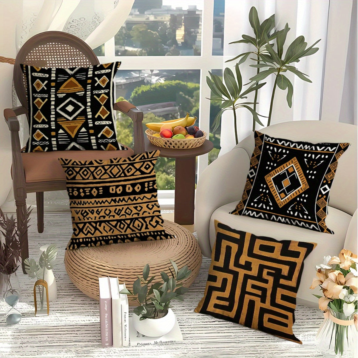 4pcs African Tribal Print Decorative Pillow Covers - Double-Sided Polyester with Zipper Closure, Machine Washable Indoor/Outdoor Sofa Bed Couch Pillowcases, Black & Golden Geometric Patterns (No Insert), Couch Pillow Covers