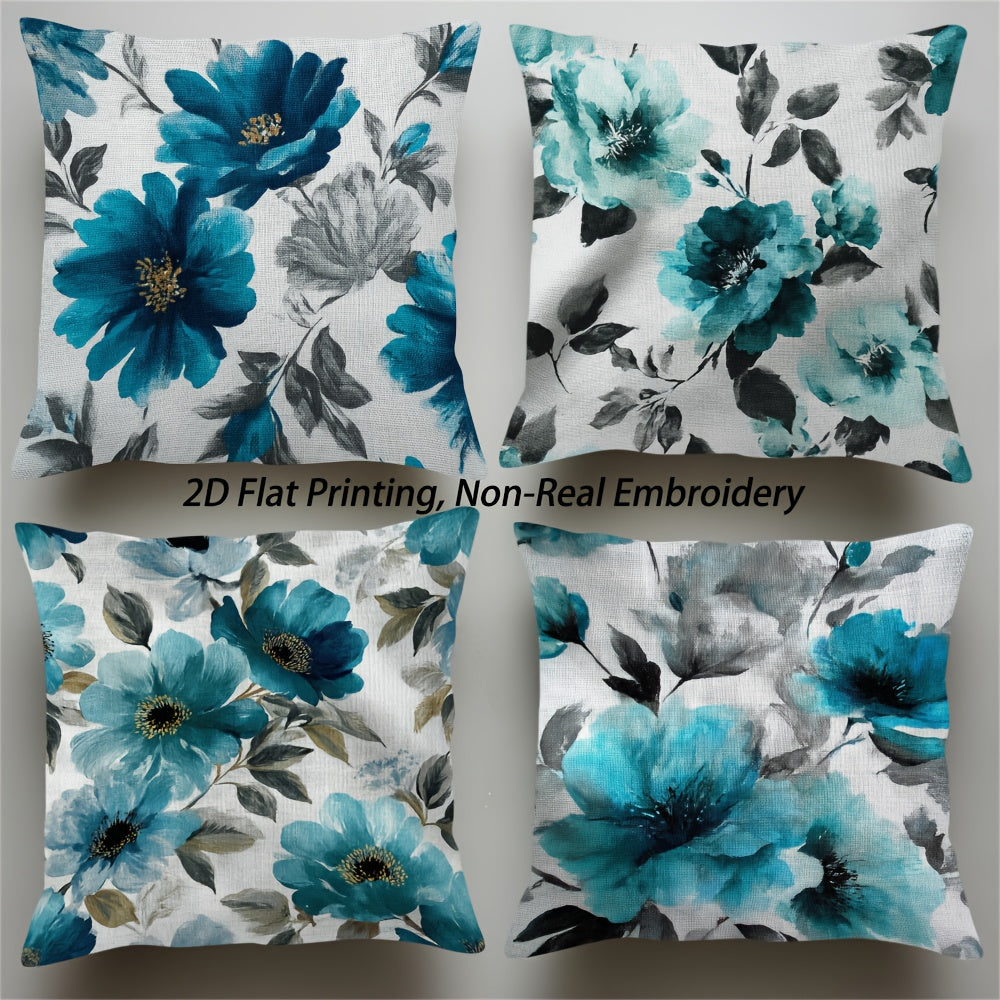 2D Flat Printing, 4pcs Teal Blossoms Throw Pillow Covers, Double-Sided Design, Polyester, Non-Real Embroidery, Zipper, Machine Washable, Contemporary Style for Sofa, Bedroom, Car, Office Decor - Inserts Not Included, Pillow for Living Room, Beautiful
