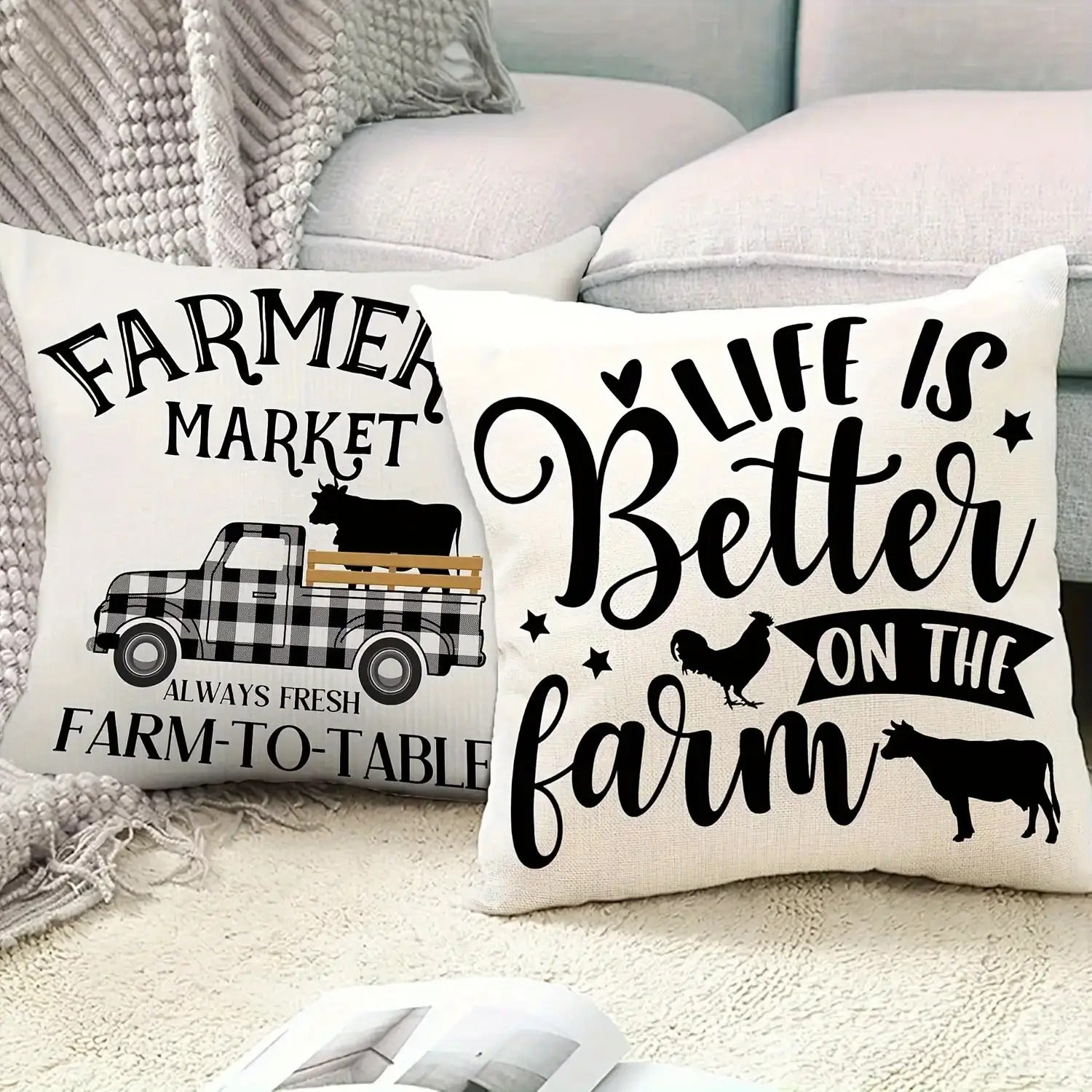 Four Black And White Farmhouse Style Pillowcase Set, Soft Pillowcases, Double-Sided Print, Size 18Inchx18Inch Inch, Suitable for Home Decoration, Living Room, Sofa, Car And Bedroom, Outdoor Courtyard Alan Artificial Gemstone.