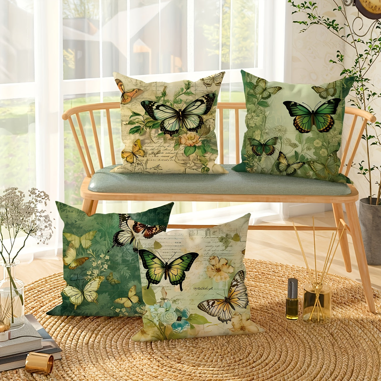 4pcs Vintage Industrial Butterfly & Floral Pillow Covers - Double-Sided Printed Decorative Cushion Covers with Zipper Closure, Machine Washable for Bedroom Sofa Car Office, Spring Summer Holiday Home Decor Gift, Decorative Pillow Covers, Seasonal