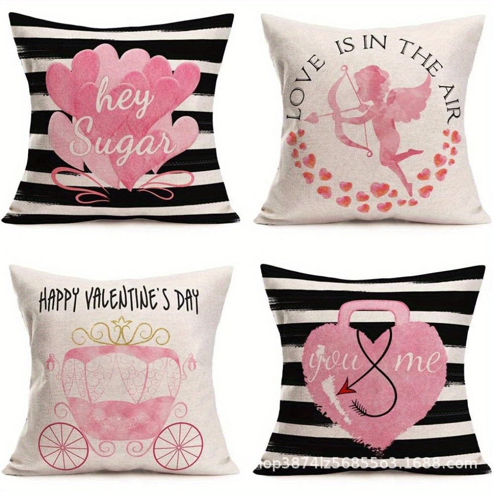 4pcs Valentine'S Day Decorative Pillow Covers - Double-Sided Printed Geometric & Romantic Designs (Hearts, Candy, Vintage Car) with Zipper Closure, Polyester, 75gsm - for Sofa, Bedroom, Living Room Home Decor (No Insert Included), Bedroom Accessories |