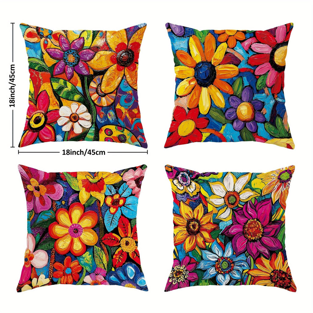 4pcs Double-Sided Printed Retro Floral Pillow Covers - Soft Short Plush with Zipper Closure, Machine Washable, Multiple Sizes for Living Room, Bedroom, Sofa Decor, Bedroom Accessories, Vibrant Home Accents, Durable Fabric Covers, 2D Flat