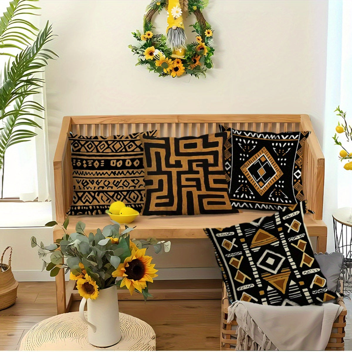 4pcs African Tribal Print Decorative Pillow Covers - Double-Sided Polyester with Zipper Closure, Machine Washable Indoor/Outdoor Sofa Bed Couch Pillowcases, Black & Golden Geometric Patterns (No Insert), Couch Pillow Covers