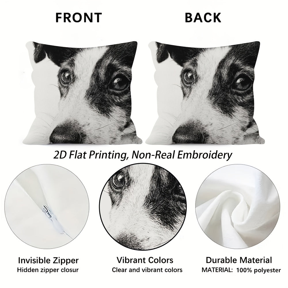 4pcs Black and White Jack Russell Terrier Dog Sketch Throw Pillow Covers - 2D Flat Printed Realistic Puppy & Adult Dog Face Cushion Covers, Double-Sided Luxury Sofa Bed Living Room Bedroom Office Car Decor, Zipper Closure & Machine Washable (No Inserts),