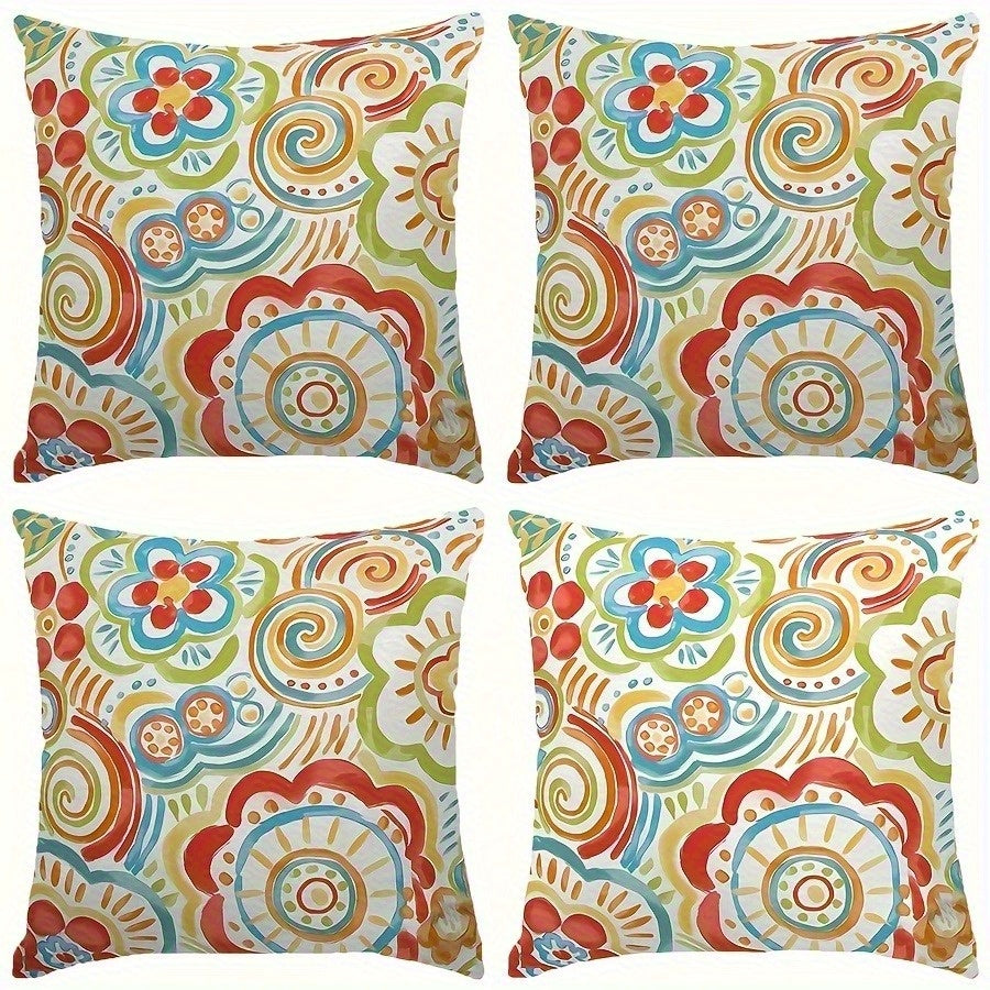 4pcs Retro Geometric Floral Print Pillow Covers - Double-Sided 2D Printed Soft Plush Cushion Covers with Zipper Closure, Machine Washable, Multiple Sizes for Living Room, Bedroom, Sofa Decor, Decorative Pillow Covers, Bedroom Accessories, Vibrant Home