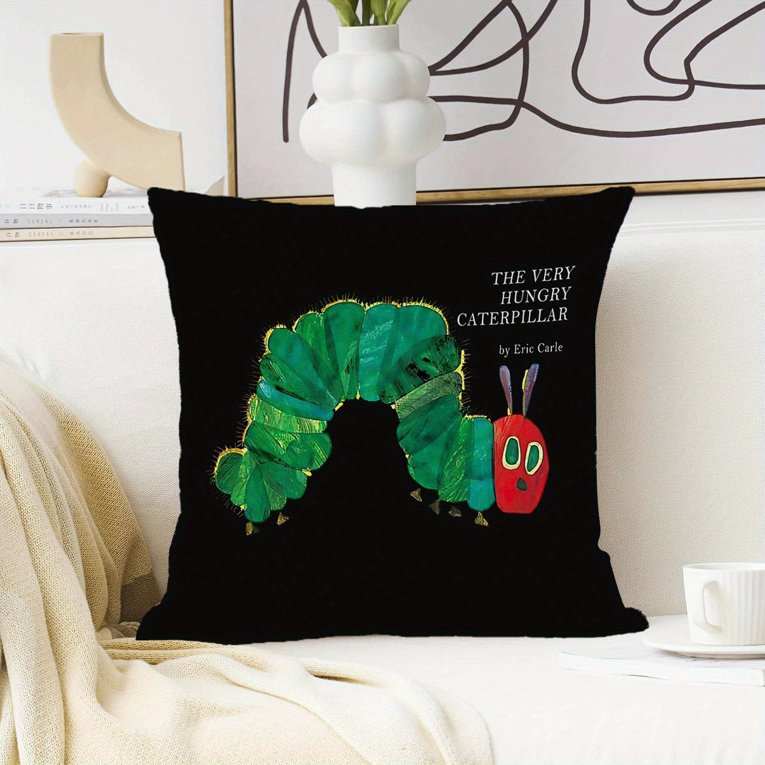 1pc The Very Hungry for CATERPILLAR Decorative Pillowcase - Double-Sided Print, 18x18 Inches, Black with Colorful Cartoon Design, Machine Washable, Durable Fabric, Perfect for Bedroom, Sofa, Dorm, Office, Outdoor & Party Decor, Ideal Holiday Gift (No