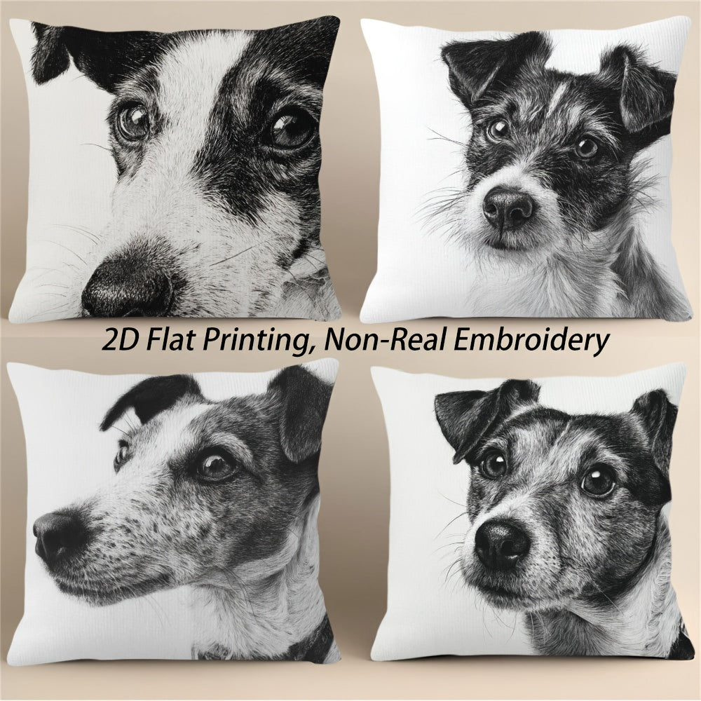 4pcs Black and White Jack Russell Terrier Dog Sketch Throw Pillow Covers - 2D Flat Printed Realistic Puppy & Adult Dog Face Cushion Covers, Double-Sided Luxury Sofa Bed Living Room Bedroom Office Car Decor, Zipper Closure & Machine Washable (No Inserts),