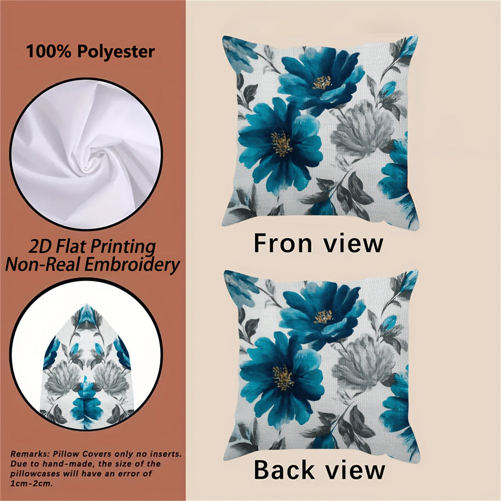2D Flat Printing, 4pcs Teal Blossoms Throw Pillow Covers, Double-Sided Design, Polyester, Non-Real Embroidery, Zipper, Machine Washable, Contemporary Style for Sofa, Bedroom, Car, Office Decor - Inserts Not Included, Pillow for Living Room, Beautiful