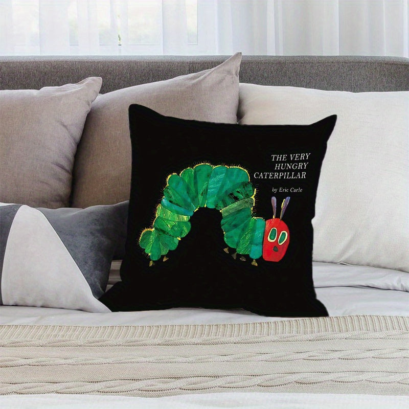 1pc The Very Hungry for CATERPILLAR Decorative Pillowcase - Double-Sided Print, 18x18 Inches, Black with Colorful Cartoon Design, Machine Washable, Durable Fabric, Perfect for Bedroom, Sofa, Dorm, Office, Outdoor & Party Decor, Ideal Holiday Gift (No