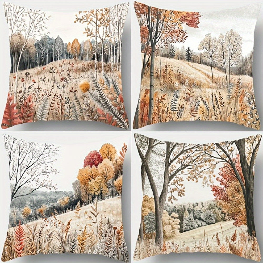 4pcs Autumn Jungle Landscape Printed Pillow Covers - Double-Sided Polyester Zipper Covers with Vibrant Fall Foliage Design, Machine Washable for Living Room, Bedroom, Sofa Decor (Pillows Not Included), Decorative Pillows, Bedroom Accessories,