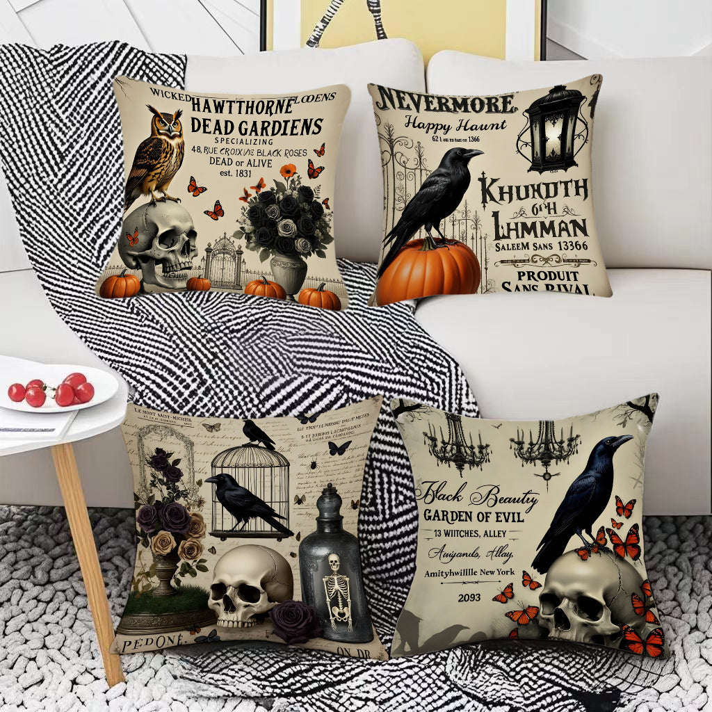 4pcs Gothic Halloween Pillow Covers - Skull, Raven, Witchy Designs with Zipper Closure - Spooky Decorations for Living Room, Bedroom, Sofa, Car - Double-Sided Polyester Printed Pattern - Gothic Home Decor Cushion Cases - Easy-Clean Halloween Party