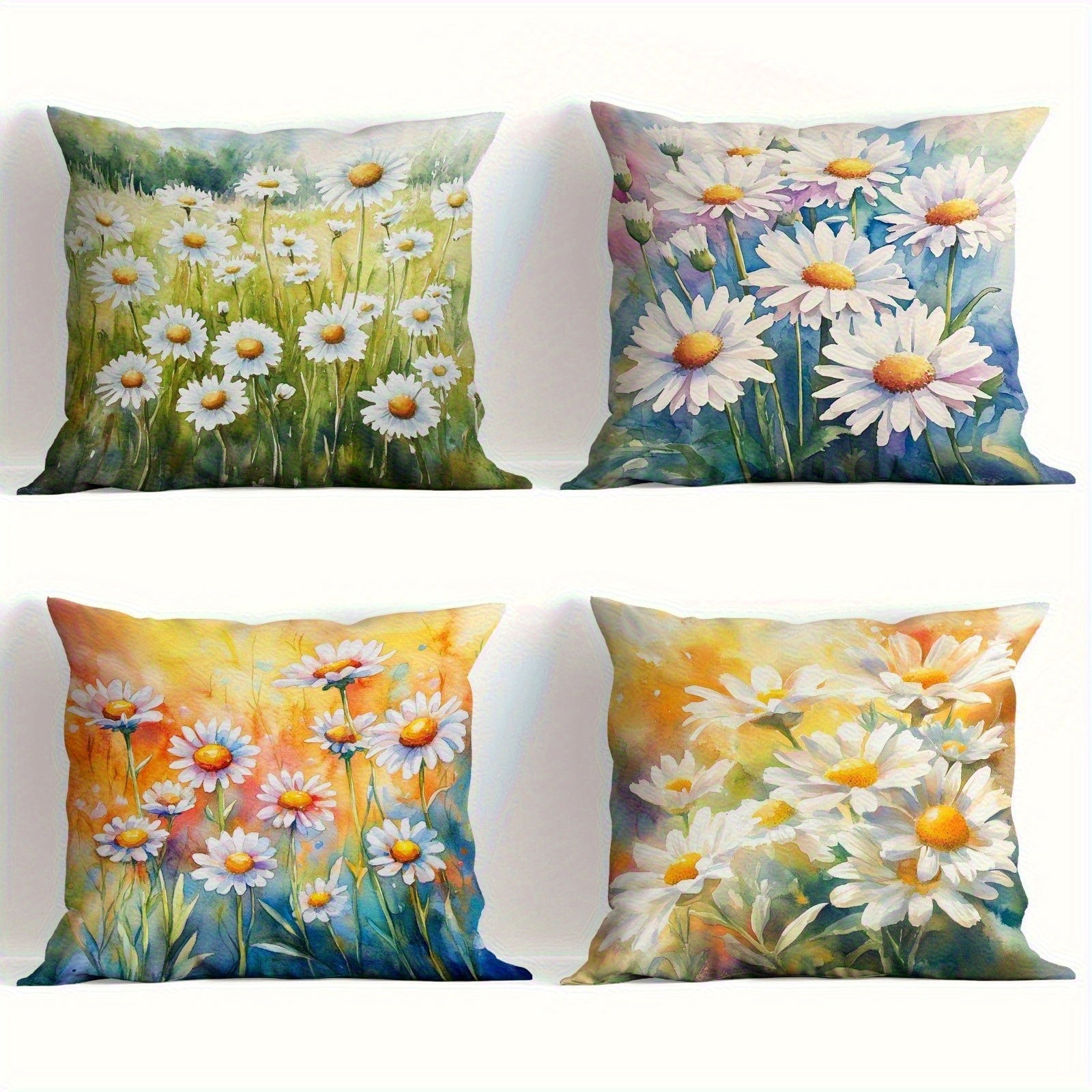 4pcs Vintage Daisy Decorative Pillow Covers - Double-Sided 2D Printed Soft Plush Cushion Covers with Zipper Closure, Machine Washable, Multiple Sizes for Living Room, Bedroom, Sofa, Pillow Covers for Living Room, Bedroom Accessories, Retro Floral Design,
