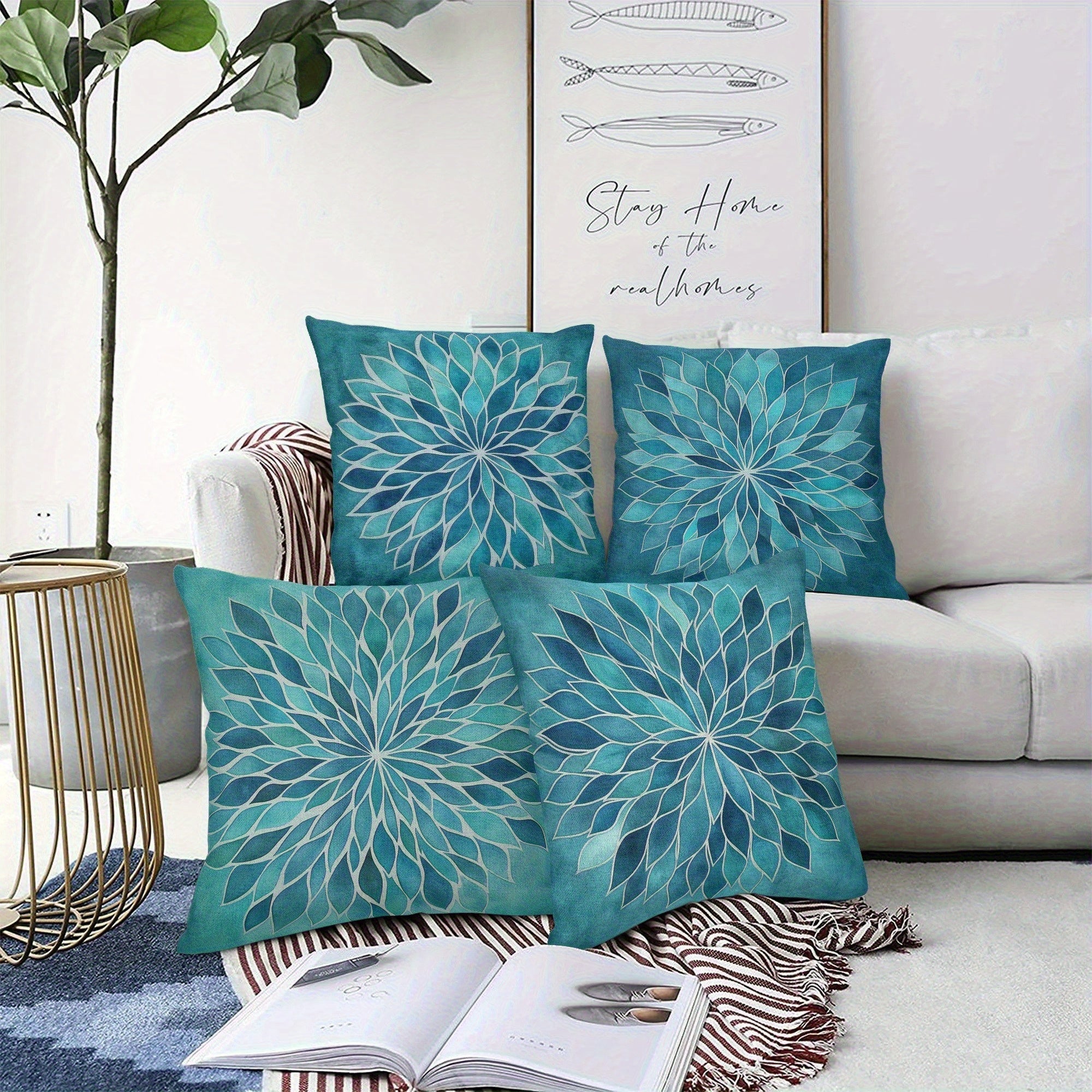 Single-sided 4pcs Set Blue-Green Watercolor Leaf Pattern Cushion, Single-Sided Print Polyester Square Pillow Suitable for Home Sofa Decor Kitchen and Dining Room Textile Fabric No Power Required Polyester 14x14 16x16 18x20 inch