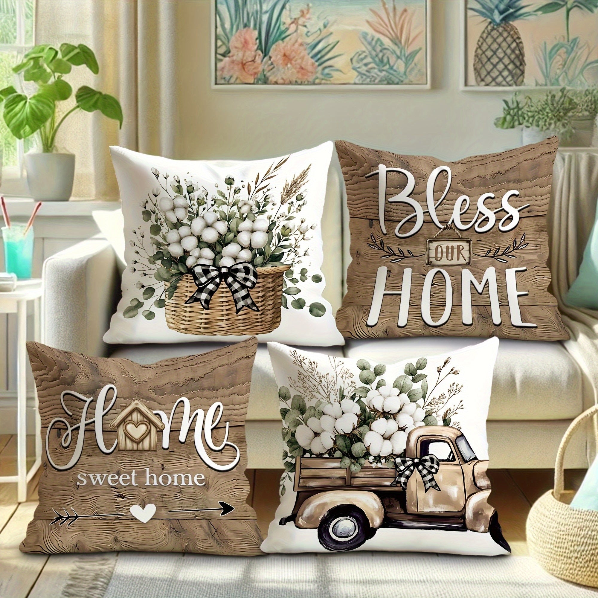 4pcs Rustic Farmhouse Pillow Covers - Double-Sided Printed Soft Plush with Zipper Closure, Machine Washable, Multiple Sizes for Living Room, Bedroom, Sofa Decor, Decorative Pillows, Cozy Home Styling, Geometric Pattern, Durable Fabric, Accent Cushions,