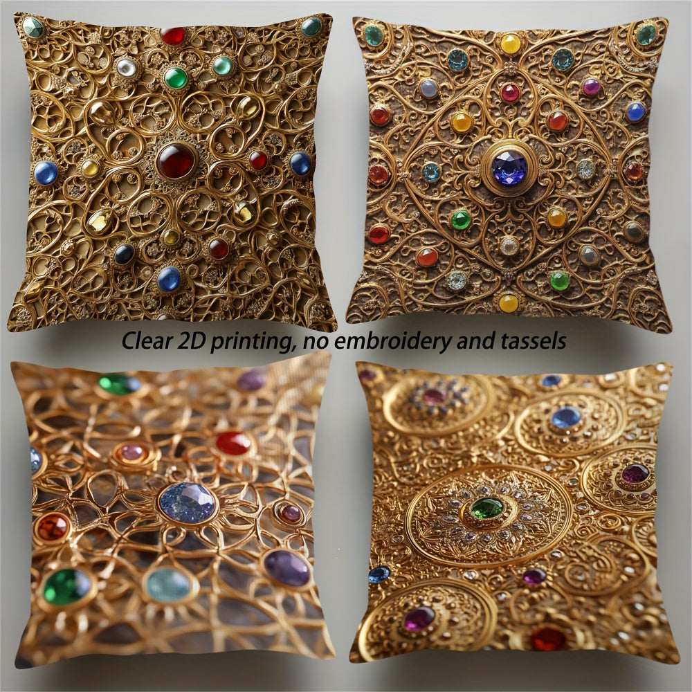 4pcs Persian Gemstone Filigree Polyester Pillow Covers - High-Quality 2D Double-Sided Print, No Tassels or Embroidery, Hidden Zipper, Soft & Durable for Living Room, Couch, or Bedroom Decor, Couch Decor | Elegant Pillow Covers | Smooth Texture