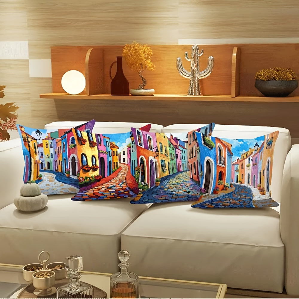 4pcs Polyester Pillowcase Color Street View Double Sided Zip Couch and Bed Decorative Cushion Cover Perfect for Valentine'S Day, Halloween and Christmas Decorations (Not Lined)