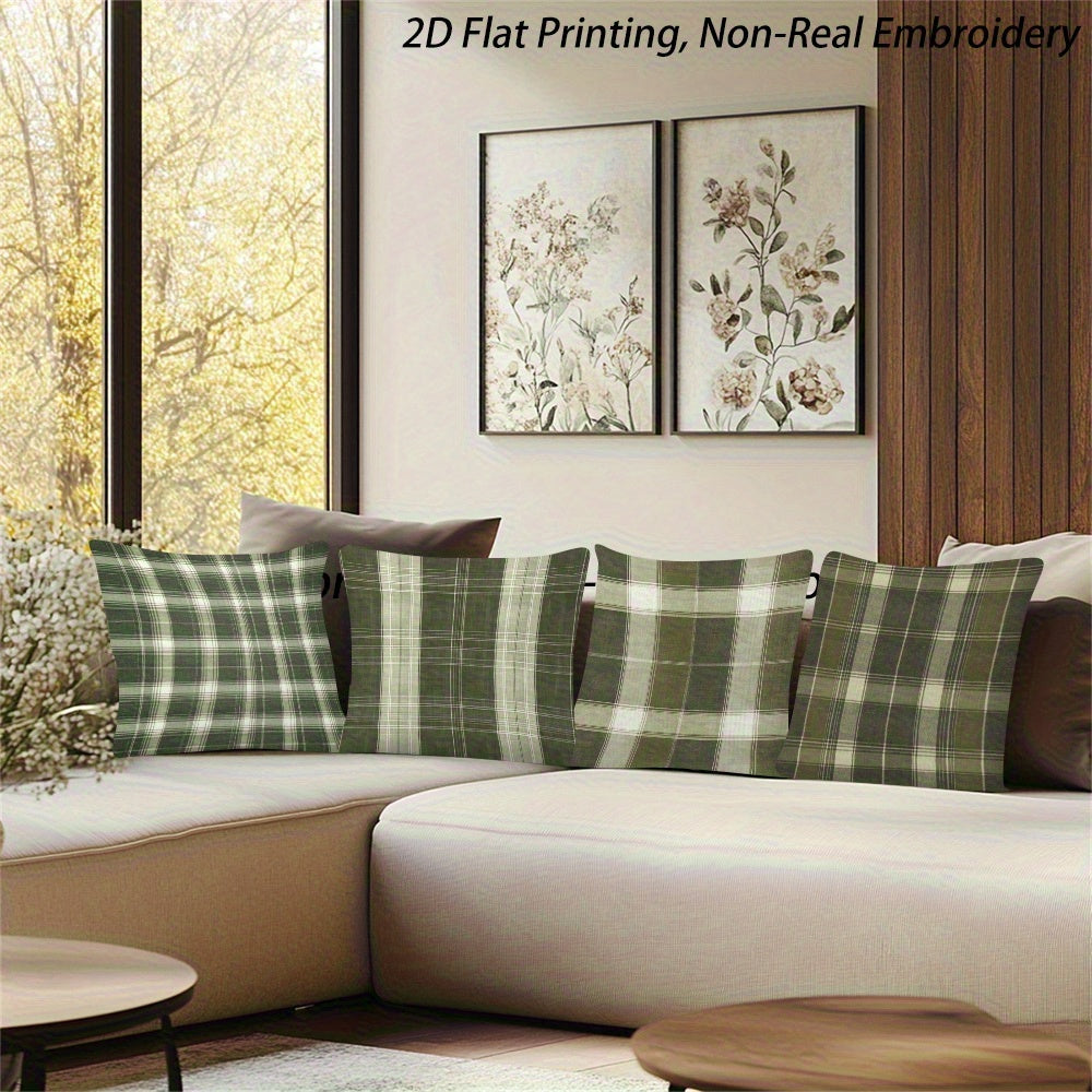 4pcs Green Plaid Pillowcases Double-Sided Two-Dimensional Solid Color Print Hidden Zipper Soft Comfortable Game Room Graduation Season and Summer Home Decoration No Insert Machine Washable Retro Style Modern Embroidery Effect Durable Fabric Easy to C