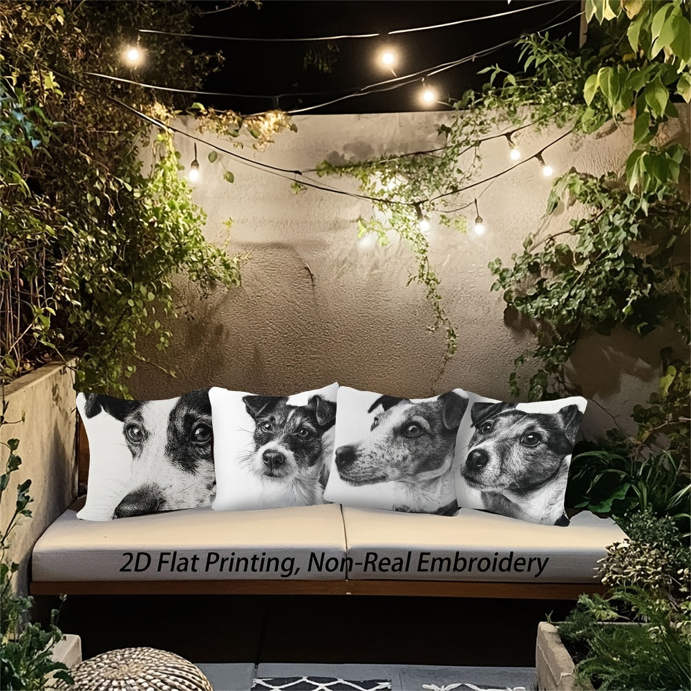 4pcs Black and White Jack Russell Terrier Dog Sketch Throw Pillow Covers - 2D Flat Printed Realistic Puppy & Adult Dog Face Cushion Covers, Double-Sided Luxury Sofa Bed Living Room Bedroom Office Car Decor, Zipper Closure & Machine Washable (No Inserts),