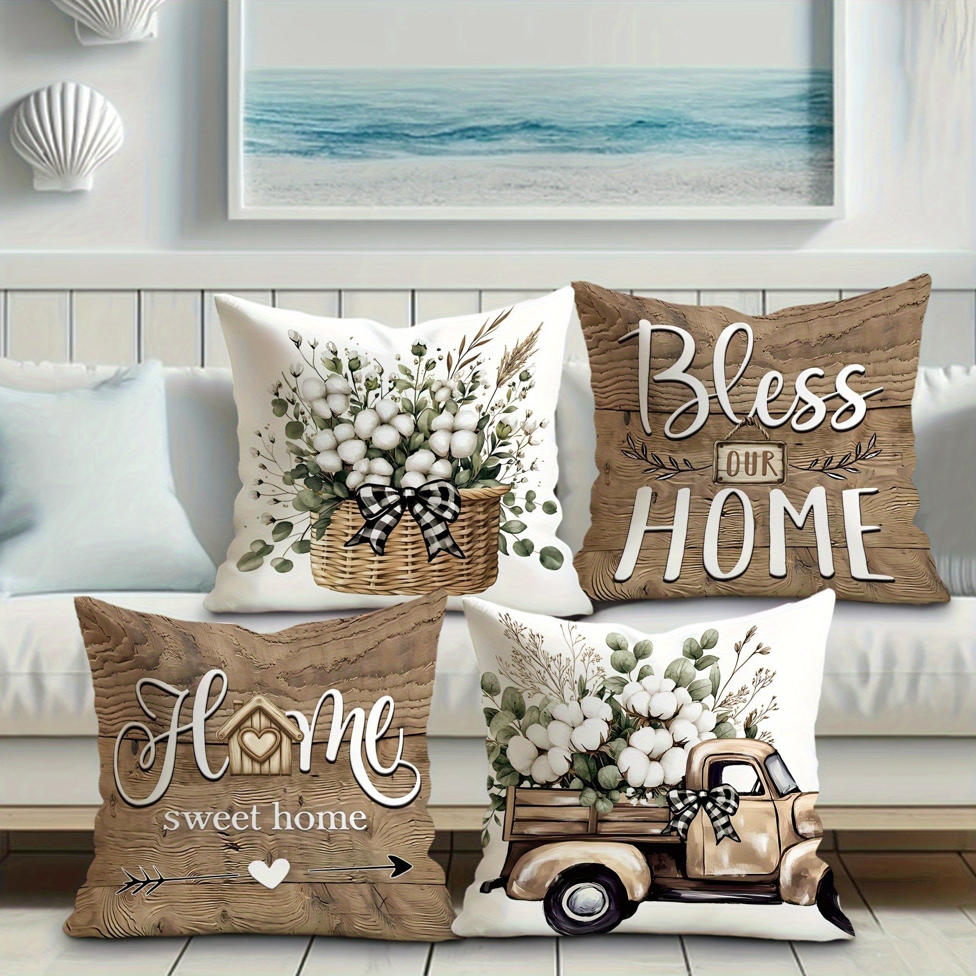 4pcs Rustic Farmhouse Pillow Covers - Double-Sided Printed Soft Plush with Zipper Closure, Machine Washable, Multiple Sizes for Living Room, Bedroom, Sofa Decor, Decorative Pillows, Cozy Home Styling, Geometric Pattern, Durable Fabric, Accent Cushions,