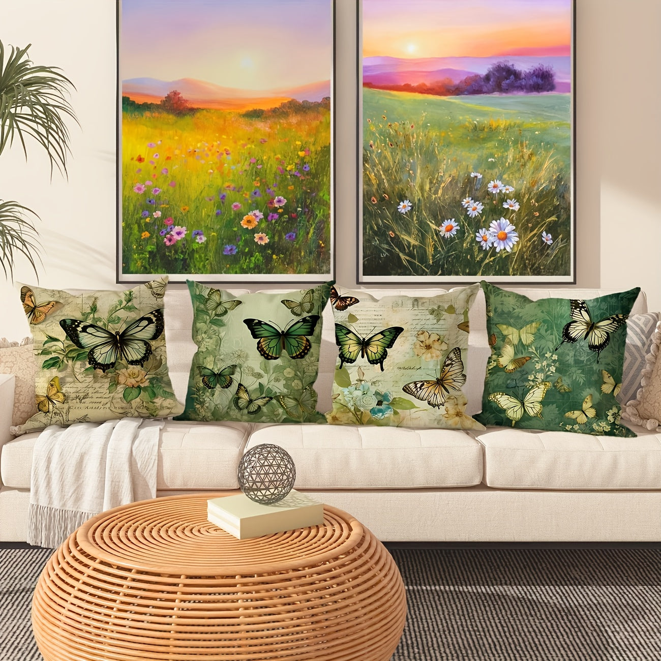 4pcs Vintage Industrial Butterfly & Floral Pillow Covers - Double-Sided Printed Decorative Cushion Covers with Zipper Closure, Machine Washable for Bedroom Sofa Car Office, Spring Summer Holiday Home Decor Gift, Decorative Pillow Covers, Seasonal
