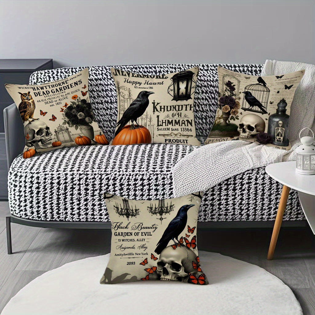 4pcs Gothic Halloween Pillow Covers - Skull, Raven, Witchy Designs with Zipper Closure - Spooky Decorations for Living Room, Bedroom, Sofa, Car - Double-Sided Polyester Printed Pattern - Gothic Home Decor Cushion Cases - Easy-Clean Halloween Party