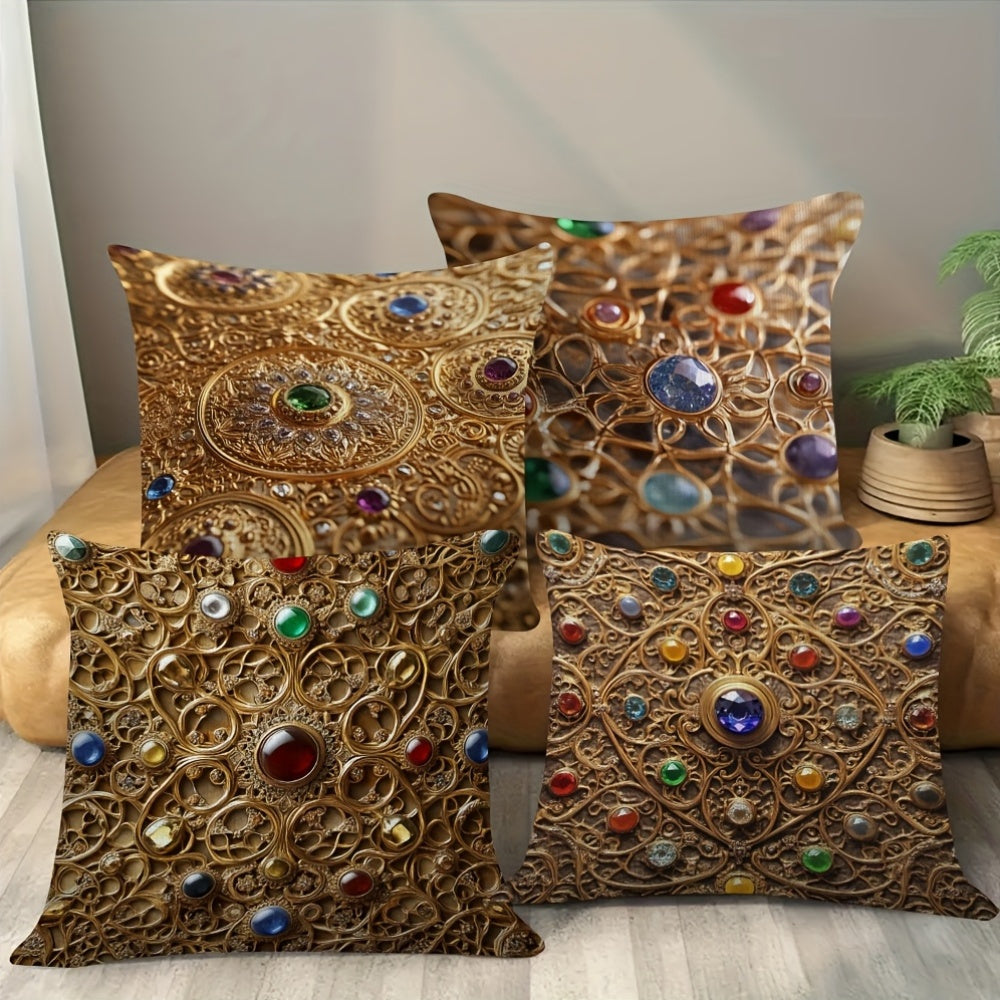 4pcs Persian Gemstone Filigree Polyester Pillow Covers - High-Quality 2D Double-Sided Print, No Tassels or Embroidery, Hidden Zipper, Soft & Durable for Living Room, Couch, or Bedroom Decor, Couch Decor | Elegant Pillow Covers | Smooth Texture