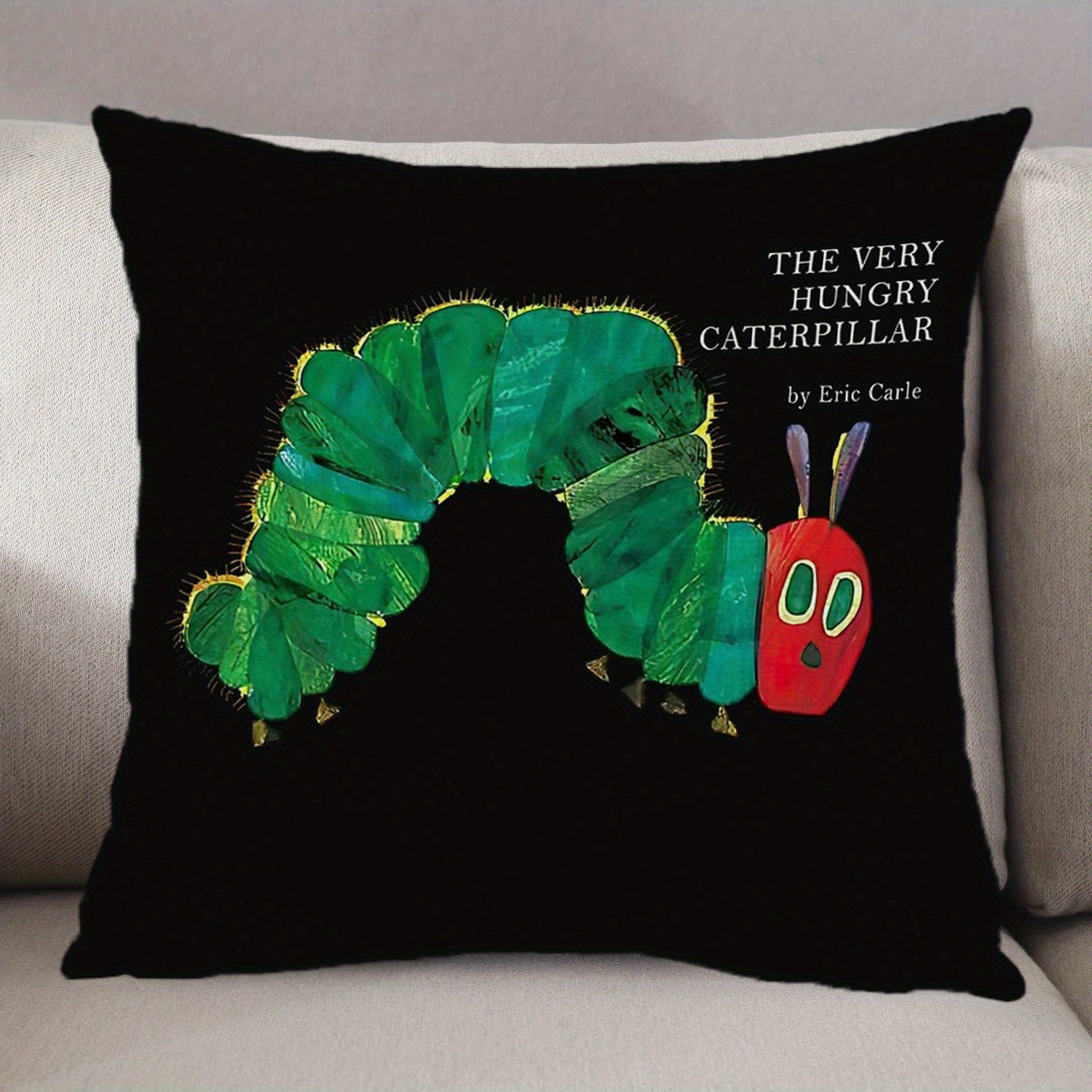 1pc The Very Hungry for CATERPILLAR Decorative Pillowcase - Double-Sided Print, 18x18 Inches, Black with Colorful Cartoon Design, Machine Washable, Durable Fabric, Perfect for Bedroom, Sofa, Dorm, Office, Outdoor & Party Decor, Ideal Holiday Gift (No