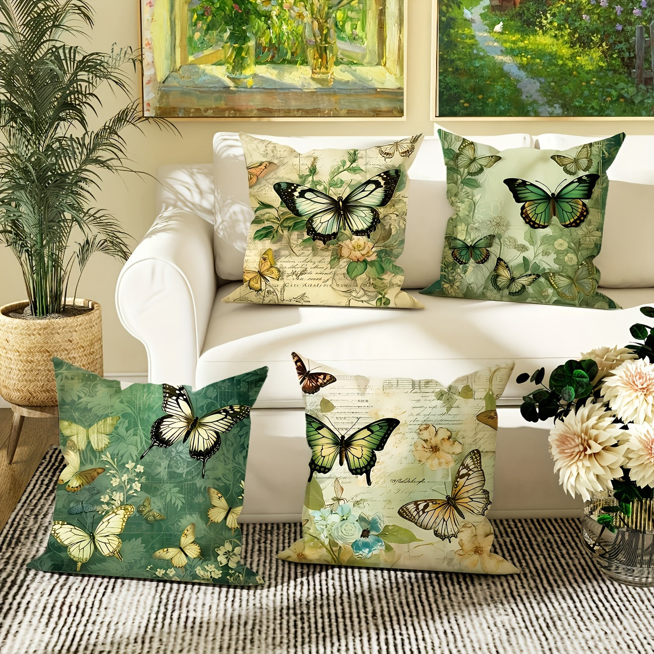 4pcs Vintage Industrial Butterfly & Floral Pillow Covers - Double-Sided Printed Decorative Cushion Covers with Zipper Closure, Machine Washable for Bedroom Sofa Car Office, Spring Summer Holiday Home Decor Gift, Decorative Pillow Covers, Seasonal
