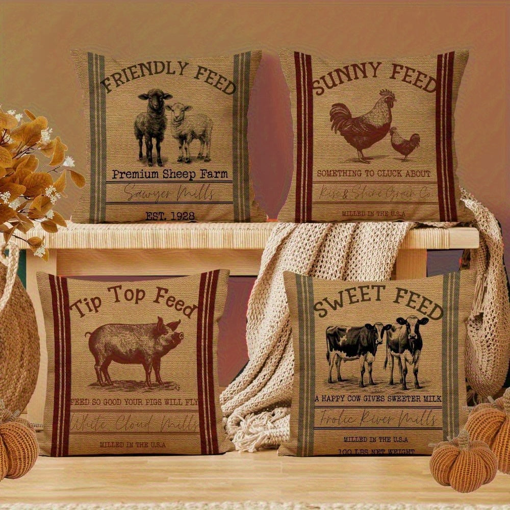 4 Pack Farm Animal Throw Pillow Covers - Double-Sided Rustic Farmhouse Decor with Zipper Closure, Machine Washable Polyester Cushion Covers for Sofa, Living Room, Bedroom (Pillow Inserts Not Included), Pillows for Living Room