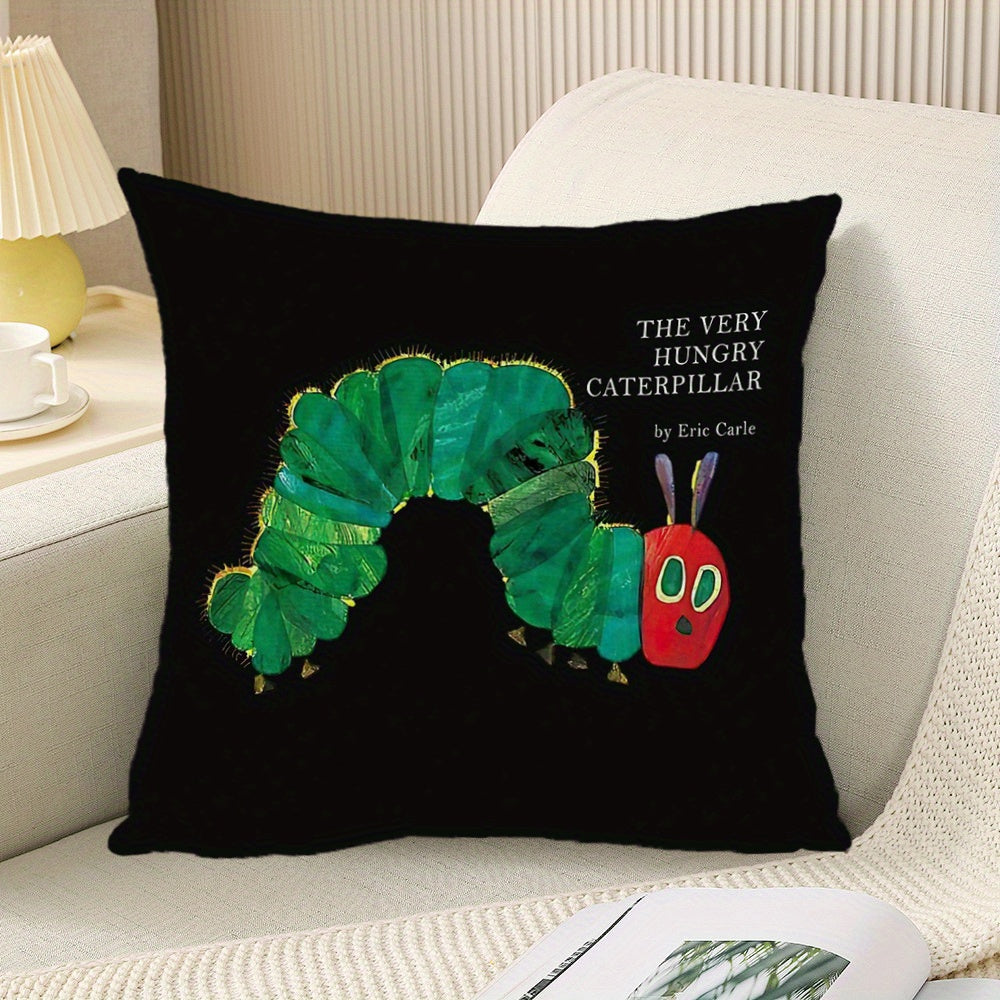 1pc The Very Hungry for CATERPILLAR Decorative Pillowcase - Double-Sided Print, 18x18 Inches, Black with Colorful Cartoon Design, Machine Washable, Durable Fabric, Perfect for Bedroom, Sofa, Dorm, Office, Outdoor & Party Decor, Ideal Holiday Gift (No